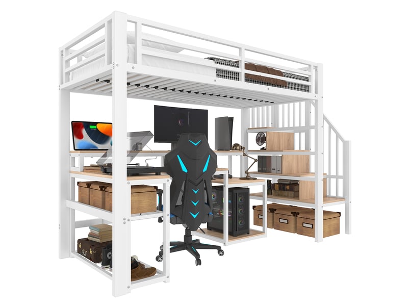  Lit mezzanine 90 x 200 cm sans matelas, structure métal, bureau, led, usb, escalier avec rangement, blanc  - Conforama A