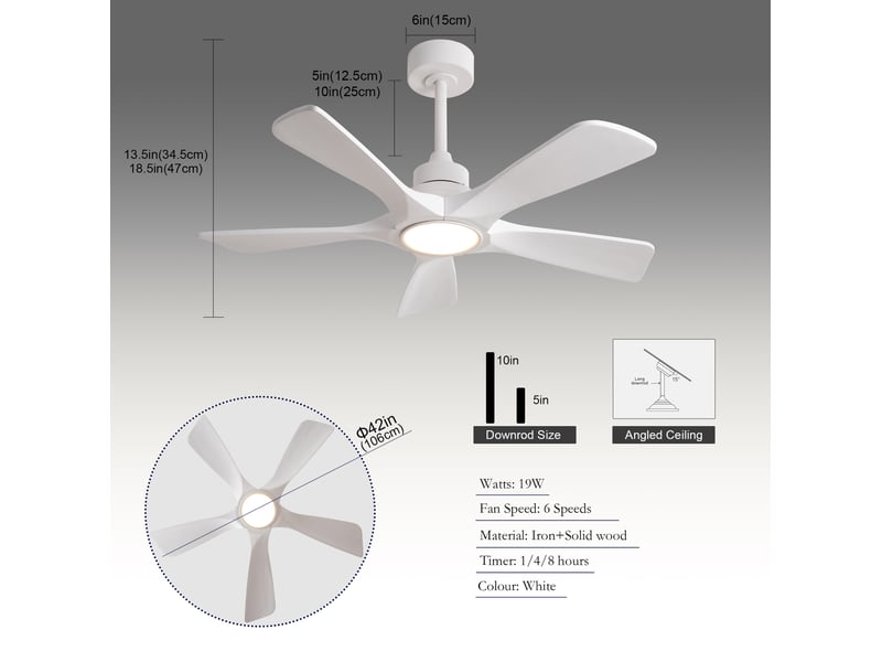  Ventilateur de plafond 42 pouces en blanc pur avec cinq pales en bois, télécommande sans fil, 3cct, dimmable, 6 vitesses avec mémoire hors tension  - Conforama C
