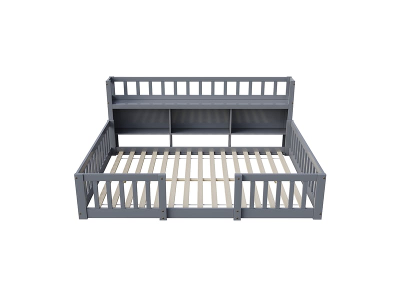 Lit enfant au sol 140x200 cm, lit montessori avec bibliothèque et barrière, lit double, bois, style scandinave moderne, gris  - Conforama A