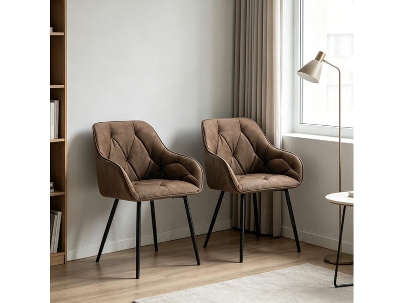  Lot de 2 chaises de salle à manger avec accoudoirs, dossier ergonomique et patins réglables en similicuir marron foncé  - Conforama E