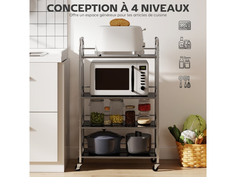  Desserte cuisine, chariot de service à 4 niveaux en acier inoxydable 201 avec poignées, roues, argenté, 60 x 35 x 100 cm  - Conforama A