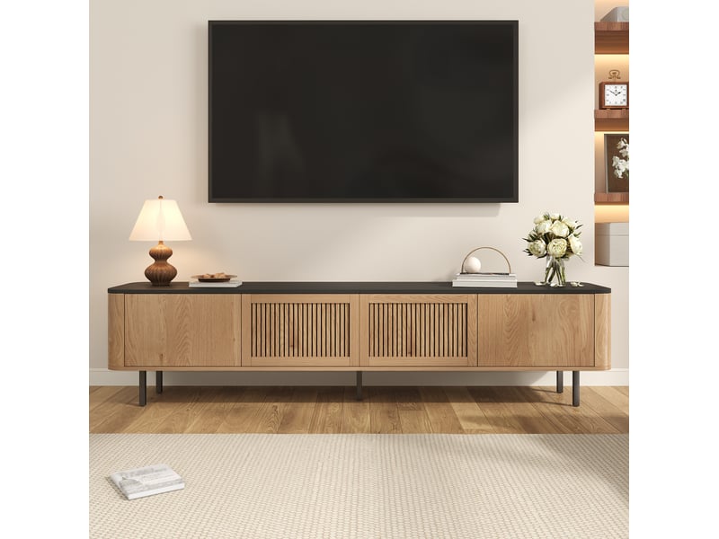 Meuble tv avec portes grillagées et compartiments de rangement, pieds en métal, pour salon, chêne, 190 × 35 × 45 cm - Conforama C