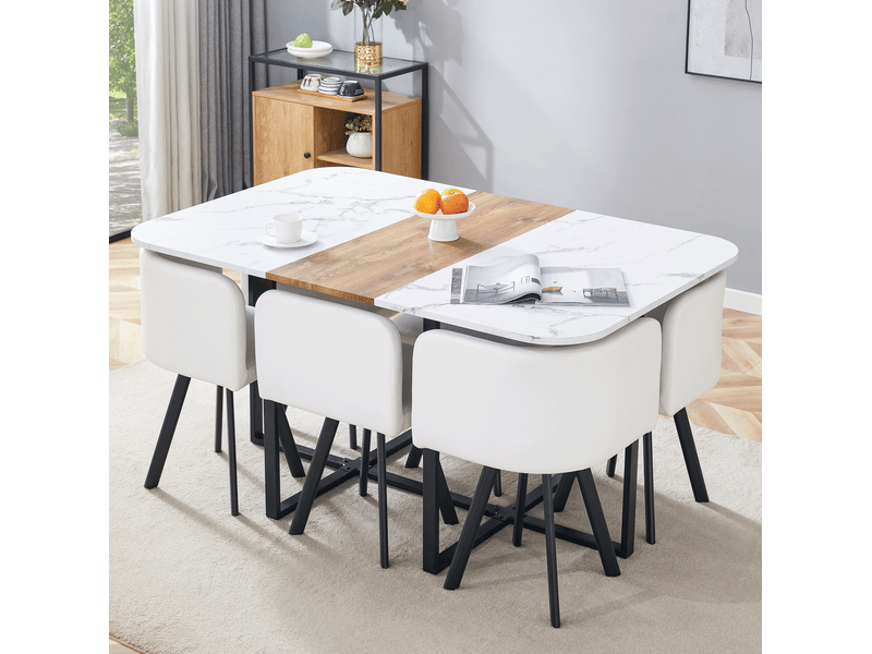 Ensemble table et 6 chaises extensible blanc et noir, plateau mdf et structure métal, jusqu’à 6 personnes - Conforama B
