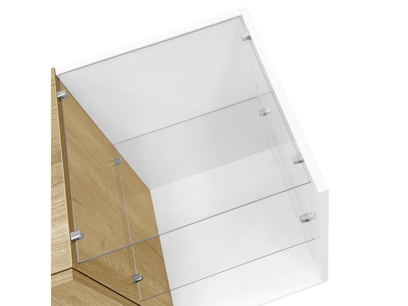  Meuble tv 180 cm blanc brillant – effet bois, étagères en verre, rangement pratique, design moderne  - Conforama D