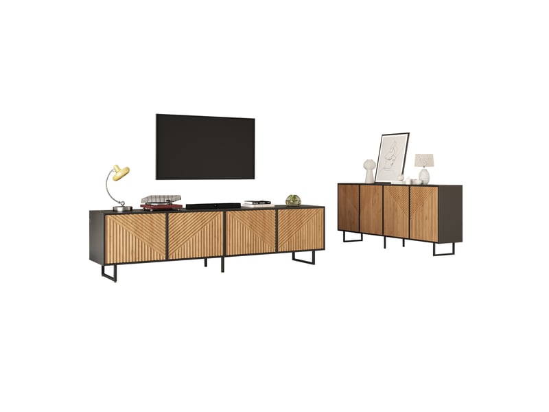  Ensemble meuble tv et buffet 180 x 40 x 50 cm – naturel et noir – 4 portes et rangement pour écran 80 pouces  - Conforama A