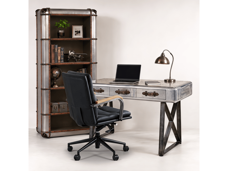  Chaise de bureau ergonomique pivotante à roulettes avec hauteur réglable et accoudoirs en cuir et métal noir  - Conforama D
