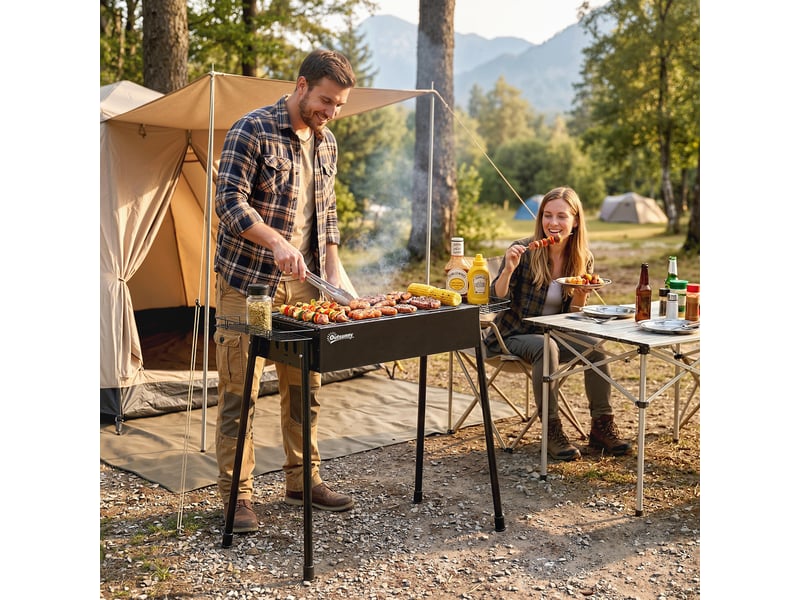  Barbecue au charbon de bois avec 2 grilles en acier inoxydable, barbecue portable avec 2 porte-épices pour le camping, 94 x 39 x 70 cm, noir  - Conforama C