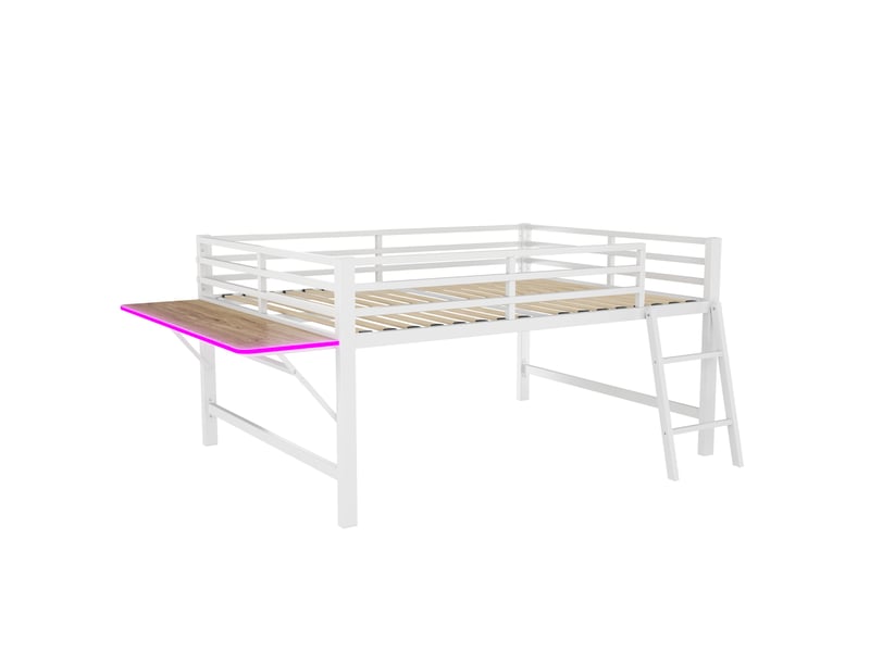  Lit mezzanine 2 places 140x200 cm en métal blanc, lit enfant adulte avec bureau pliant et led  - Conforama W