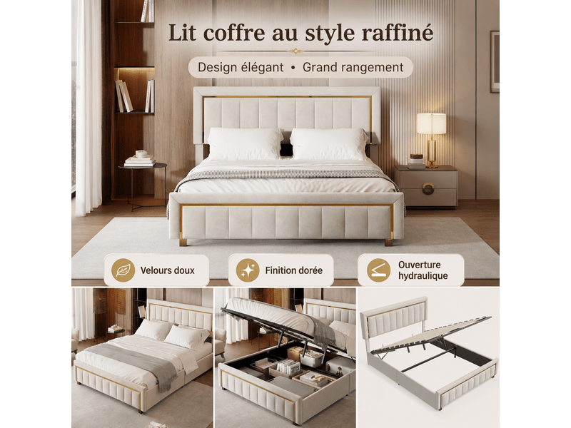 Lit coffre adulte 140x190 cm - lit rembourré avec sommier à lattes et espace de rangement hydraulique - 2 personnes - velours beige - Conforama C