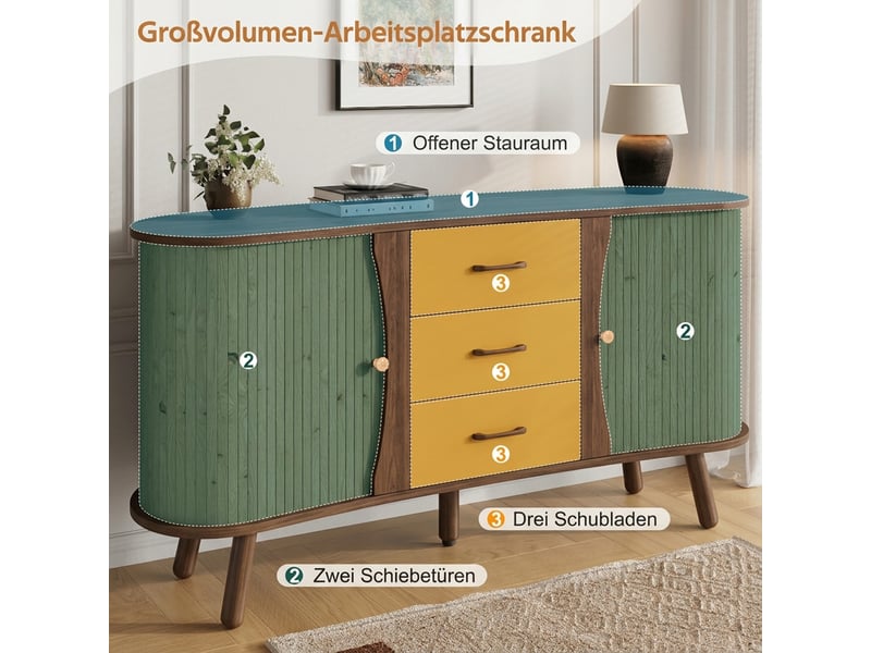  Buffet bas 150x36,5x75cm, 2 portes coulissantes, 3 tiroirs, étagères réglables, pieds en bois massif, finition noyer style scandinave, salon  - Conforama E