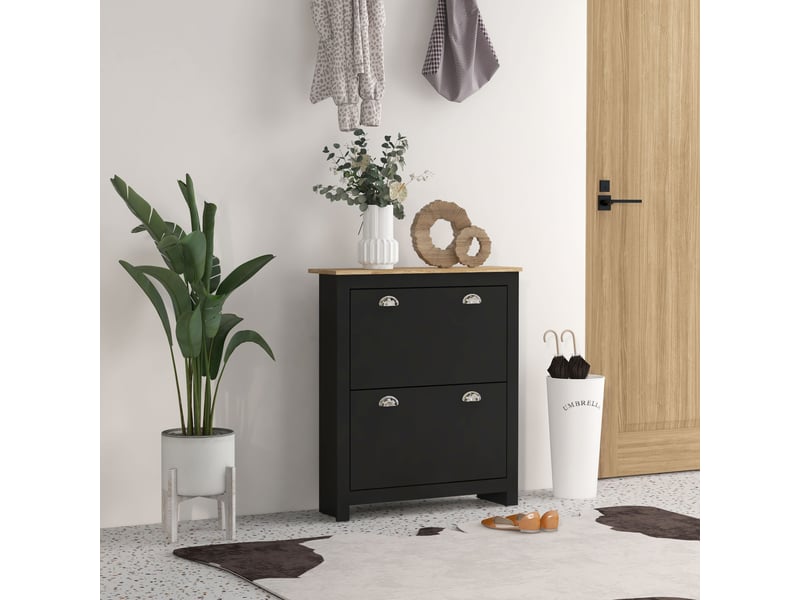  Armoire à chaussures 2 portes abattantes 2 compartiments poignées coquilles métal 79 x 23 x 90,5 cm noir chêne  - Conforama B