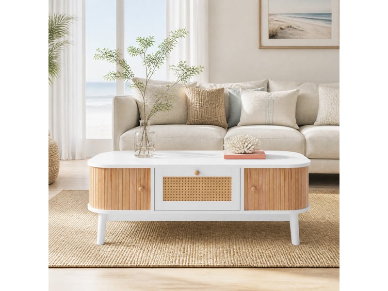 Table basse avec 2 tiroirs et portes coulissantes, rangement, style naturel, pour salon, 110 × 55 × 38,5 cm  - Conforama B