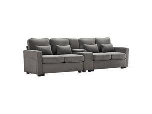 Canapé droit 4 places gris foncé en tissu aspect lin, console centrale, 2 porte-gobelets, usb et 4 coussins