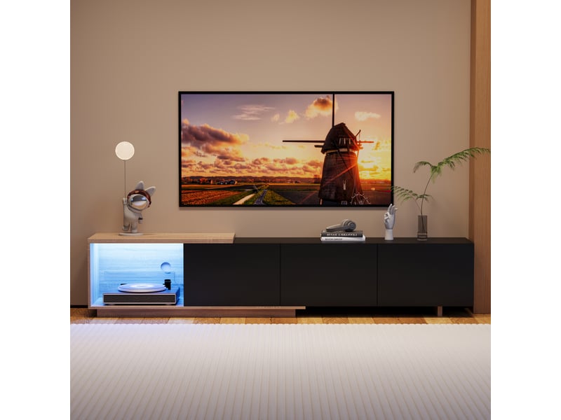  Meuble tv extensible - 163-240 x 38 x 44 cm-noir et bois - avec éclairage led tricolore et prise usb  - Conforama C