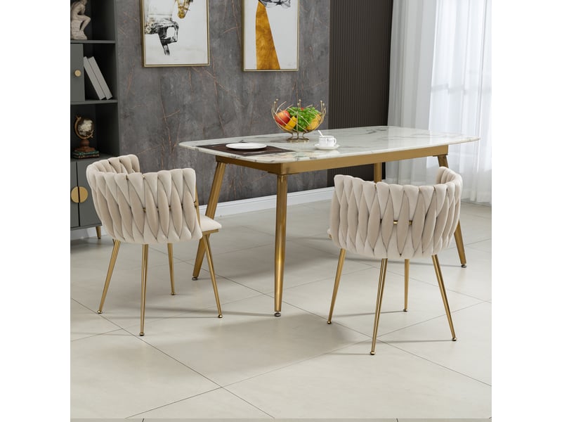  Lot de 2 chaises de salle à manger 55.5x50x74cm – design tissé à la main avec pieds en métal doré – velours - blanc ivoire  - Conforama E
