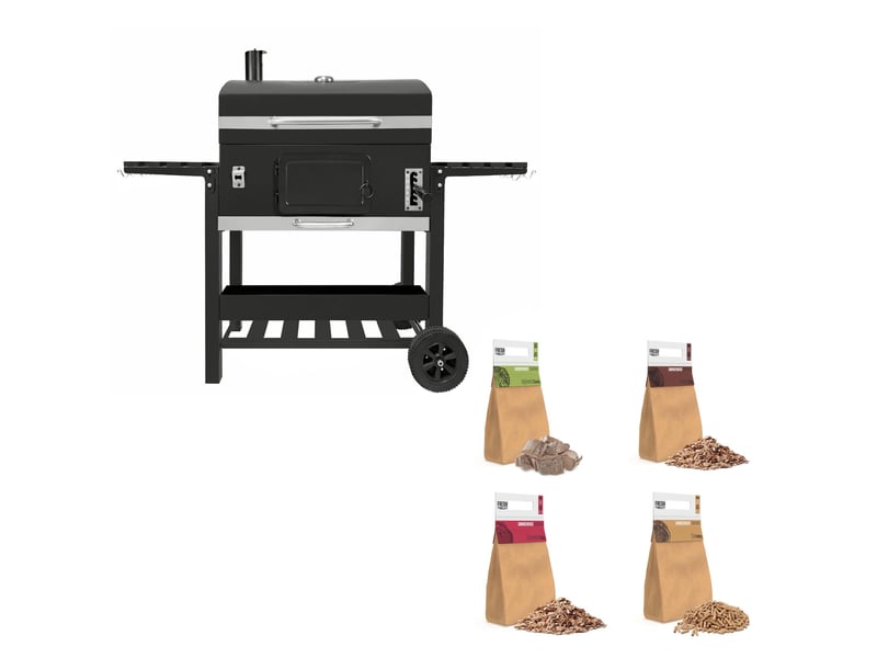  Barbecue fumoir xl au charbon sur chariot, cuisine extérieure jardin, acier inoxydable noir, 4 aérations, bac réglable, thermomètre, étagères, 218723 - Conforama A