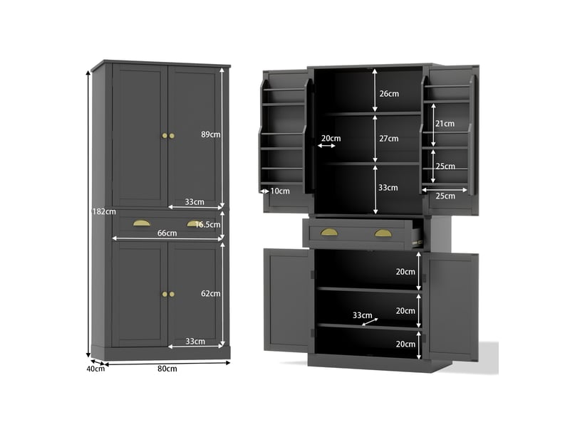  Buffet haut noir 80 × 40 × 182 cm, 4 portes, 1 tiroir, étagères réglables, dispositif anti-basculement  - Conforama E