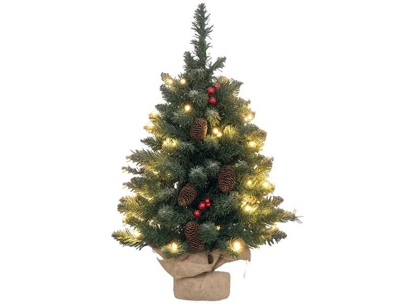  Mini sapin de noël 60 cm avec lumières intégrées, 86 branches, pommes de pin, baies rouges, socle en béton, vert  - Conforama A