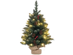 Mini sapin de noël 60 cm avec lumières intégrées, 86 branches, pommes de pin, baies rouges, socle en béton, vert