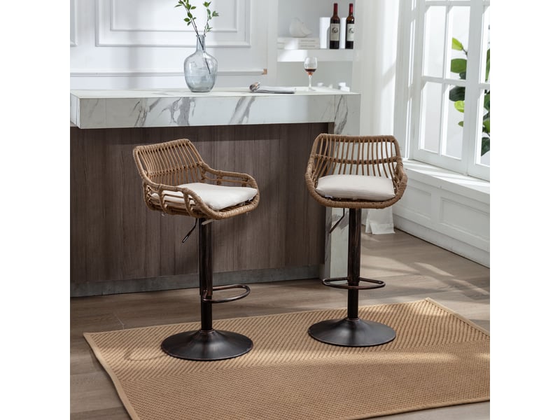  Ensemble de 2 tabourets de bar modernes réglables avec repose-pieds, structure en métal, lin, beige  - Conforama D