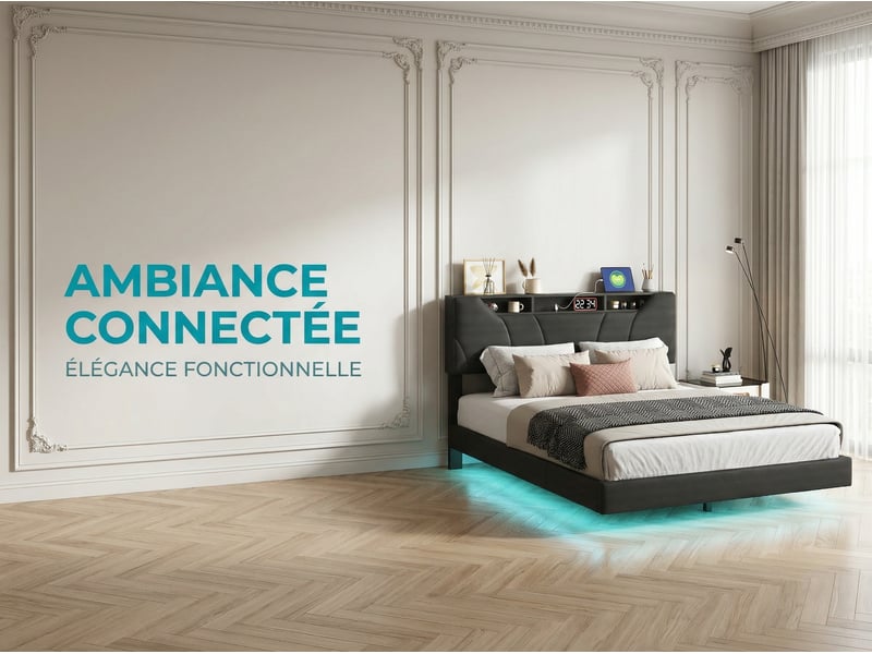 Lit coffre 140x200 cm - tissu lin gris avec led rgb, prises, étagère et rangement - Conforama D