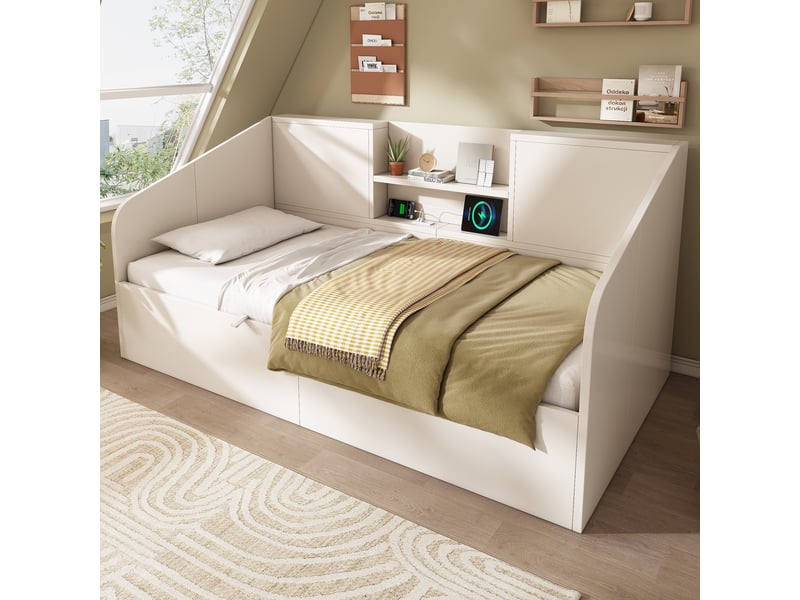  Lit une place 90x190 cm en bois avec rangement hydraulique, 2 étagères, ports usbtype-c et sommier à lattes inclus - blanc  - Conforama E