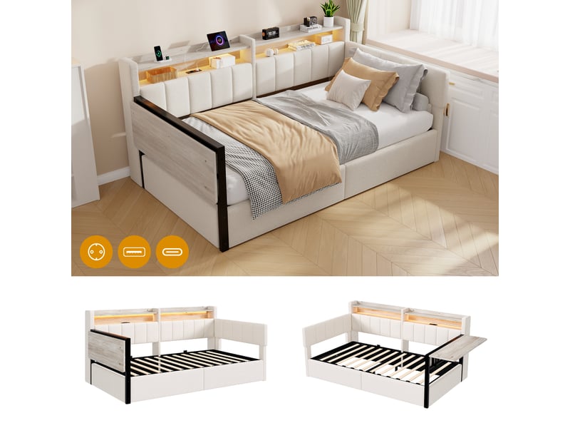 Lit coffre hydraulique 90x200 cm avec led, table rabattable et usb-c, velours blanc, structure mdf, sans matelas - Conforama E