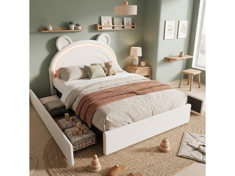  Lit avec rangement enfant 140x200 cm en velours beige avec 4 tiroirs et éclairage led  - Conforama E