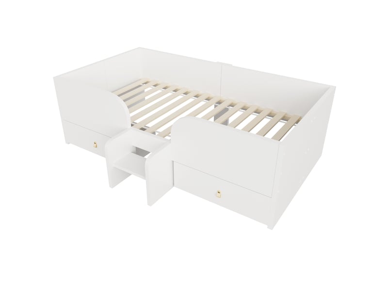  Lit enfant 90 × 200 cm avec deux tiroirs, échelle de sécurité, barrières hautes en mdf blanc pour chambre d'enfant  - Conforama A