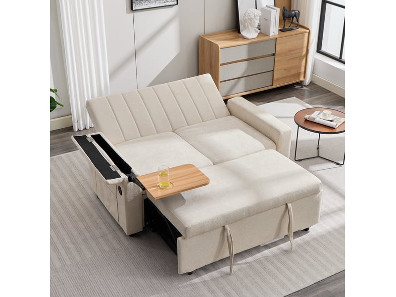  Canapé convertible 2 places 3-en-1 en chenille beige avec usb et type-c, 140x84,5x84 cm  - Conforama B