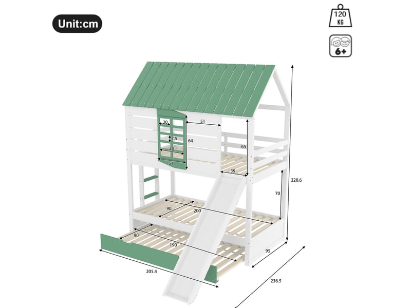 Lit superposé enfant 90x200 cm blanc et vert avec toboggan et lit gigogne - Conforama C
