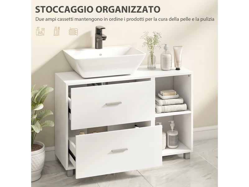  Meuble sous lavabo pour vasque suspendue sans colonne, 2 tiroirs, étagères, blanc, 90 cm  - Conforama W