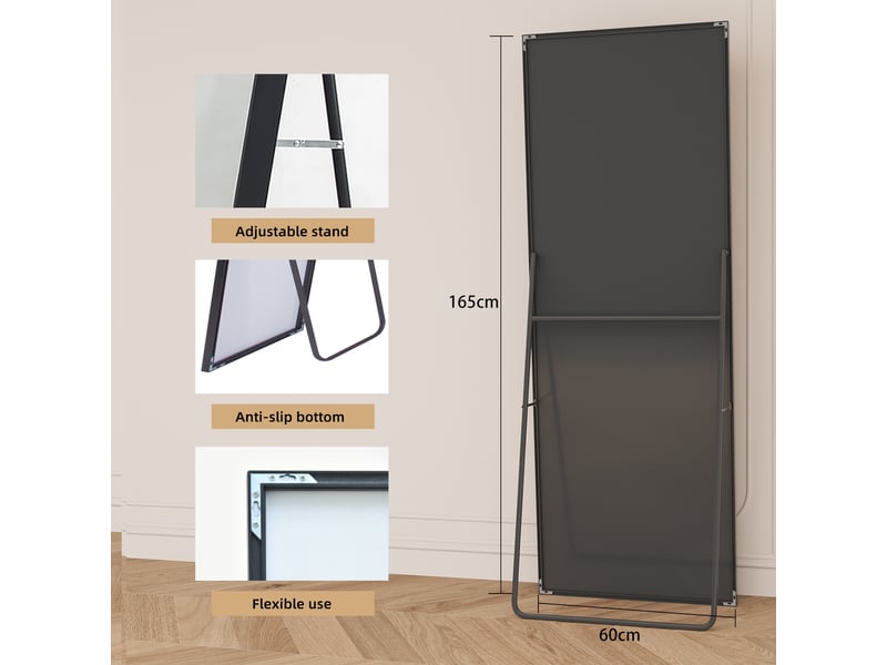  Miroir sur pied 165x60cm noir - miroir mural pleine longueur - cadre en alliage d'aluminium - verre trempé hd anti-explosion  - Conforama E
