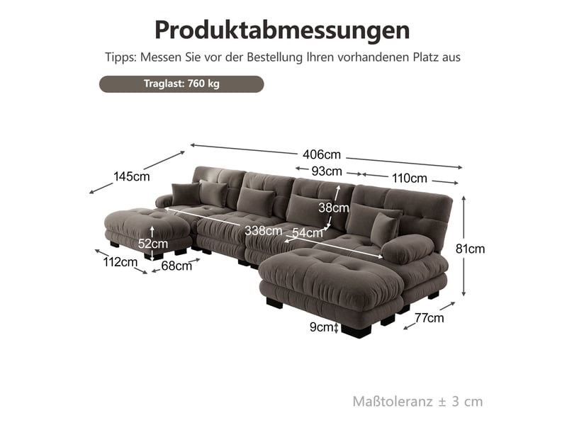 Canapé modulable panoramique 4 places en chenille marron avec ottomans mobiles - Conforama E