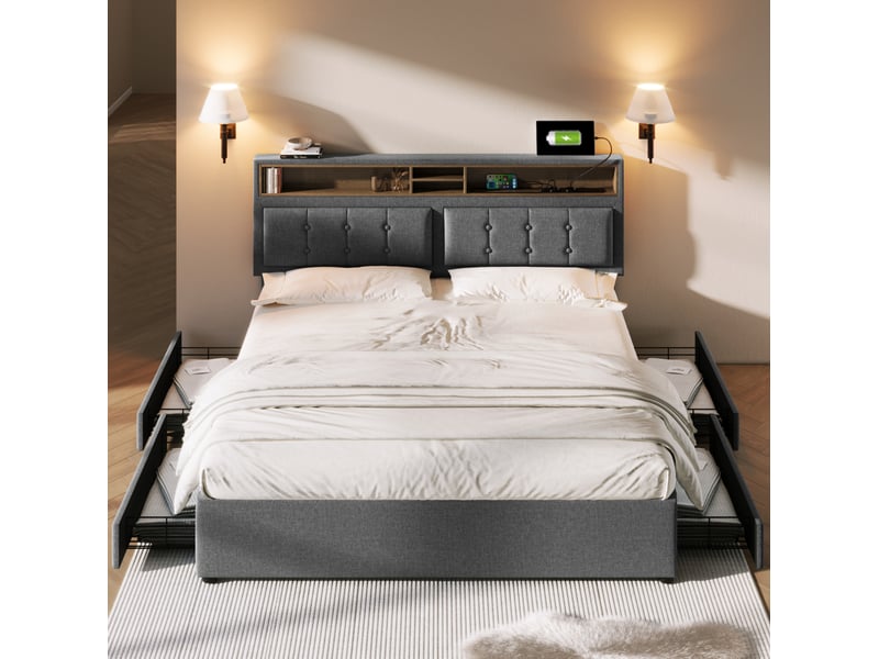  Lit double avec 4 tiroirs et prises usbtype-c gris 140 x 200 cm  - Conforama D
