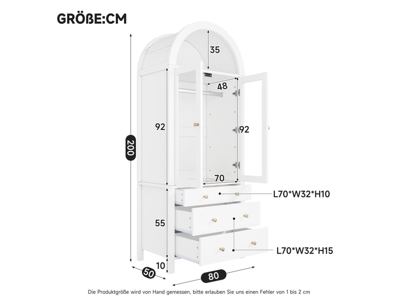  Armoire dressing arquée 80 x 50 x 200 cm, 2 portes vitrées, 3 tiroirs, tringle, led et rangement bijoux, blanc ABC - Conforama C