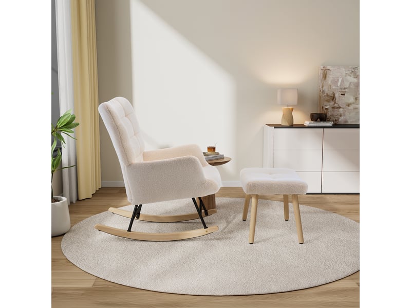  Fauteuil à bascule ulevr avec repose-pieds indépendant, 91 x 61 x 88 cm, structure courbe, tissu effet laine d’agneau beige  - Conforama D