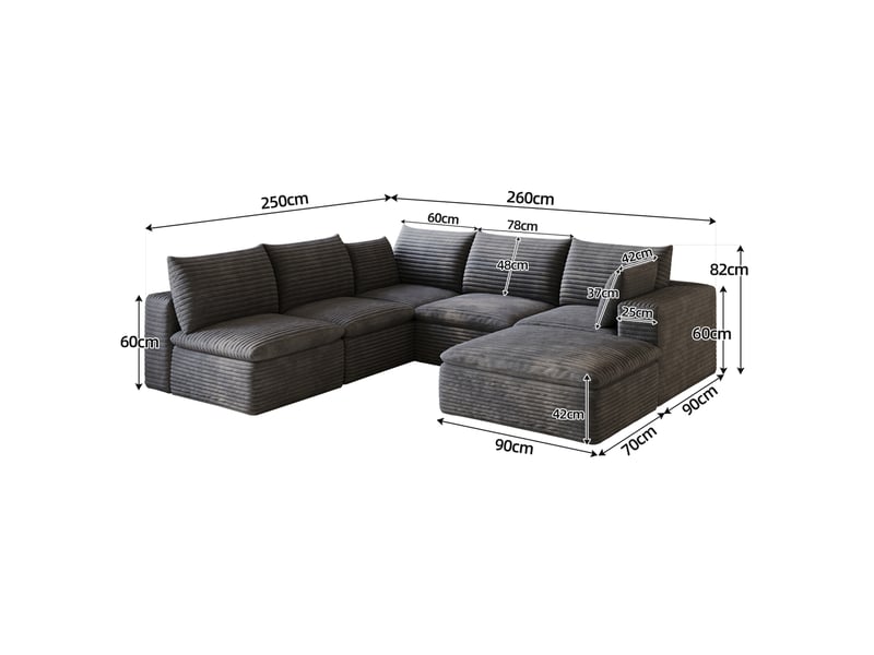  Canapé d'angle modulable modenvie 6 places en velours côtelé gris foncé 260 x 250 cm, coussins amovibles  - Conforama C