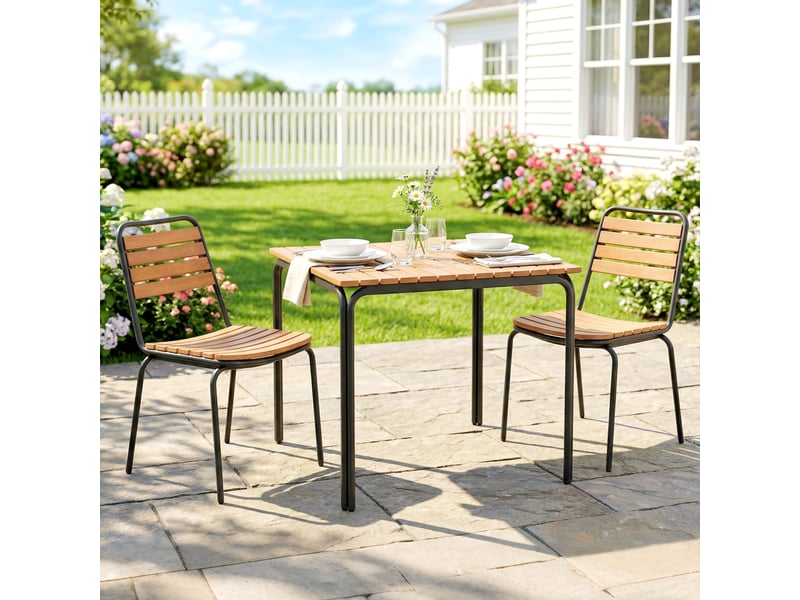  Lot de 2 chaises de jardin empilables, assise et dossier en bois massif à lattes, cadre en acier, 61x47x81cm, naturel  - Conforama D