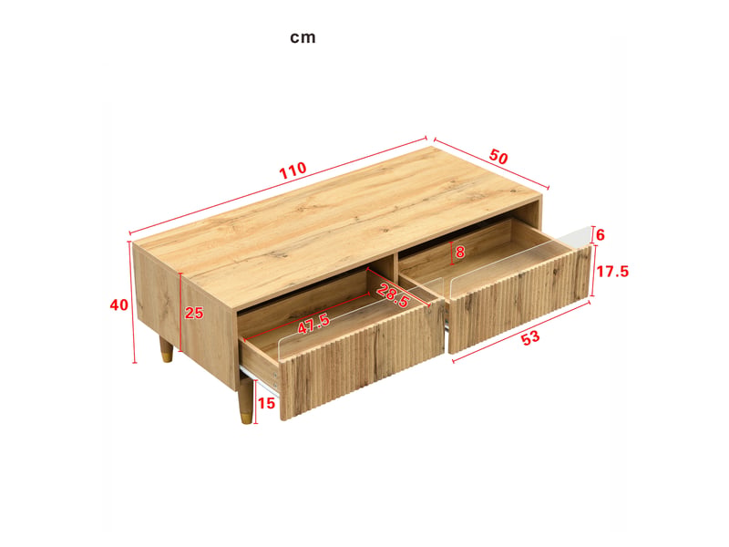 Table basse de salon avec tiroirs et éclairage led, chêne - Conforama D