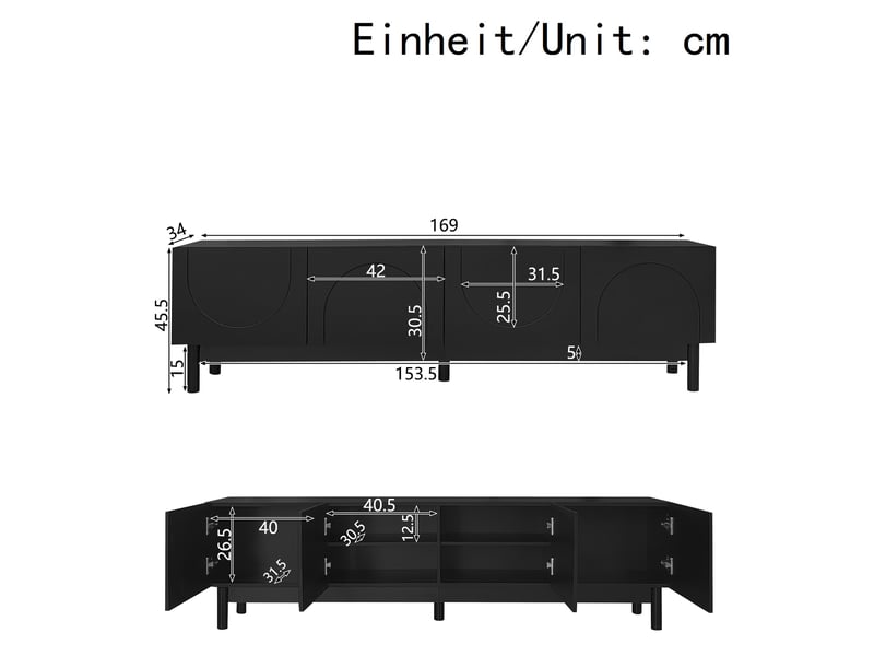  Meuble tv noir 169 cm à 4 portes ondulées, design sans poignée, pieds en bois massif, rangement multimédia  - Conforama D