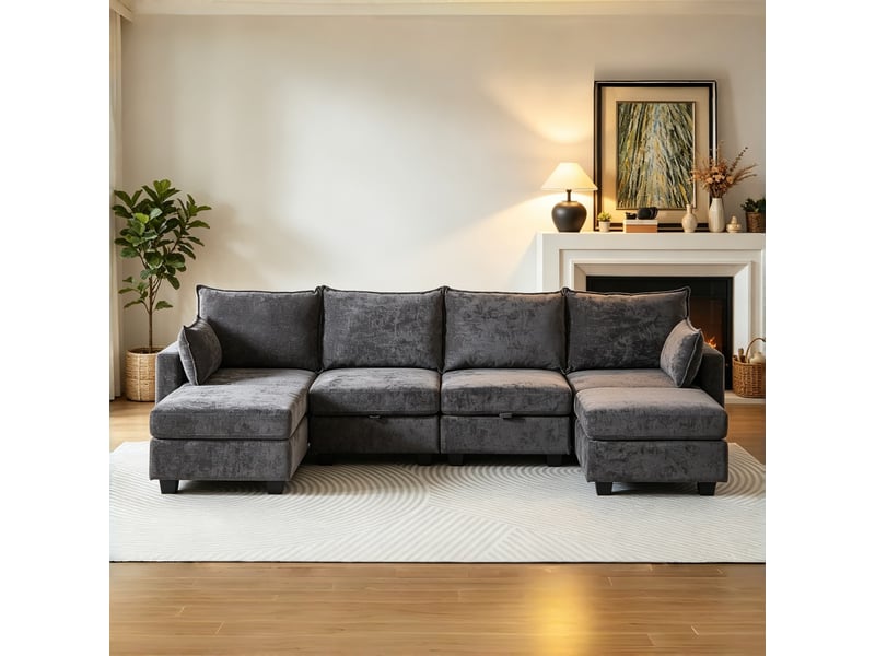  Canapé d’angle, en chenille, u de salon, ottomane coffre, 6 places et méridienne, 87,6x289,6x141 cm, gris  - Conforama D