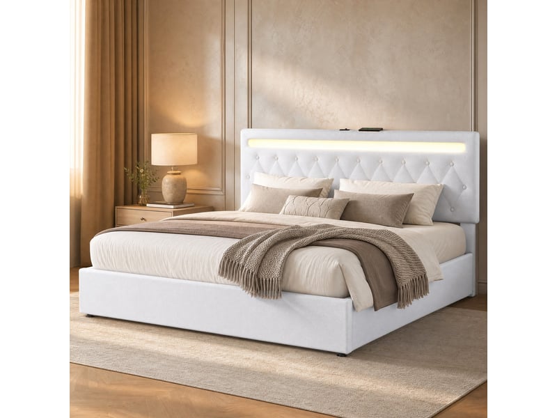  Lit coffre 180 x 200 cm blanc en lin avec led, usb et usb-c  - Conforama C