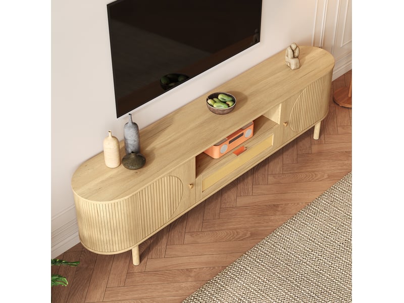  Meuble tv modenvie modulable avec rangement et passe-câbles 175 x 36 x 51 cm mdf bois naturel  - Conforama D