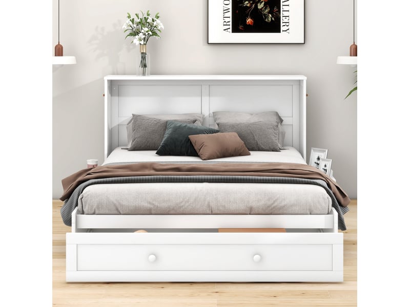  Lit escamotable 140x200 cm avec tiroir et étagères blanc  - Conforama B