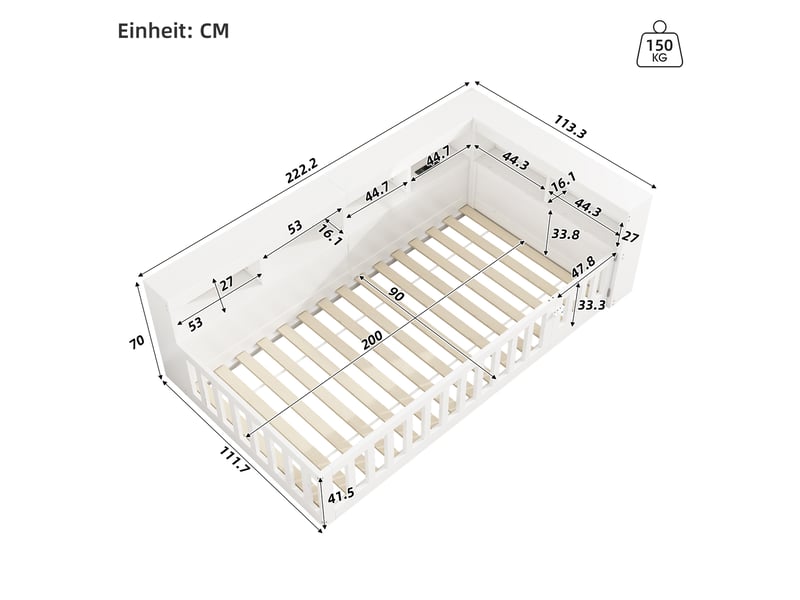 Lit enfant 90x200cm, sommier, garde-corps, tête de lit, port usb, rangement inclus, aggloméré, blanc, sans matelas - Conforama C