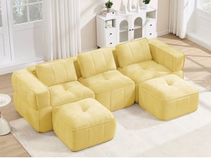 Canapé d'angle modulable 3 places en polyester, forme u avec 2 poufs, jaune