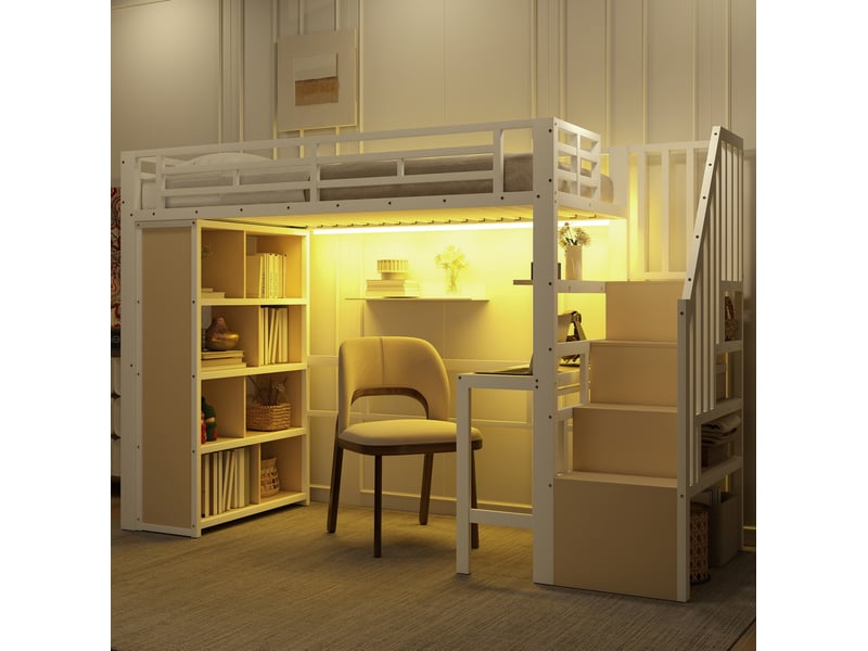  Lit mezzanine 90x200 cm avec bureau, rangements et led blanc  - Conforama B
