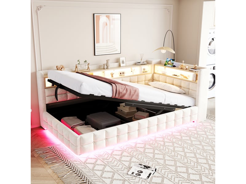  Lit coffre hydraulique 90x200 cm avec étagères, led et prises usb-c, velours beige, sans matelas  - Conforama B