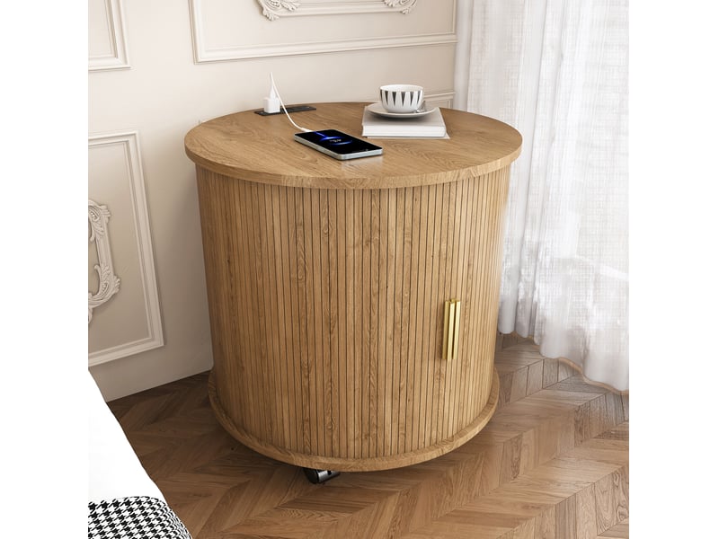  Table de chevet tcqpz ronde 60 x 60 x 60 cm avec prise ac et 2 ports usb porte coulissante rangement mdf aspect chêne  - Conforama E
